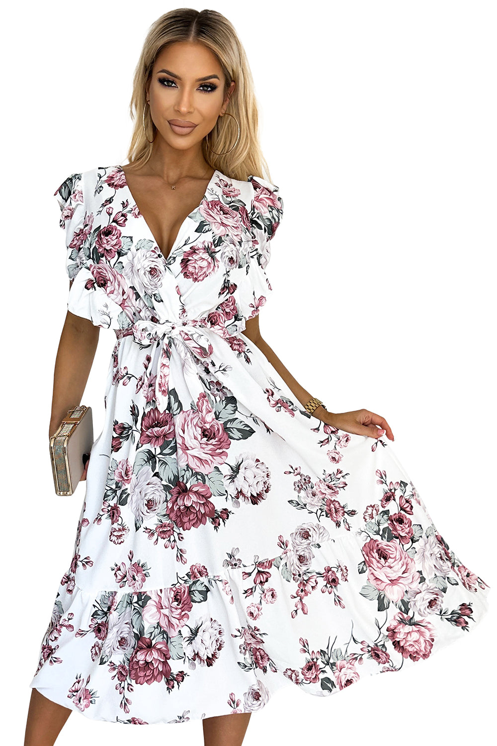 Dress with frill; neckline and binding - white with burgundy roses