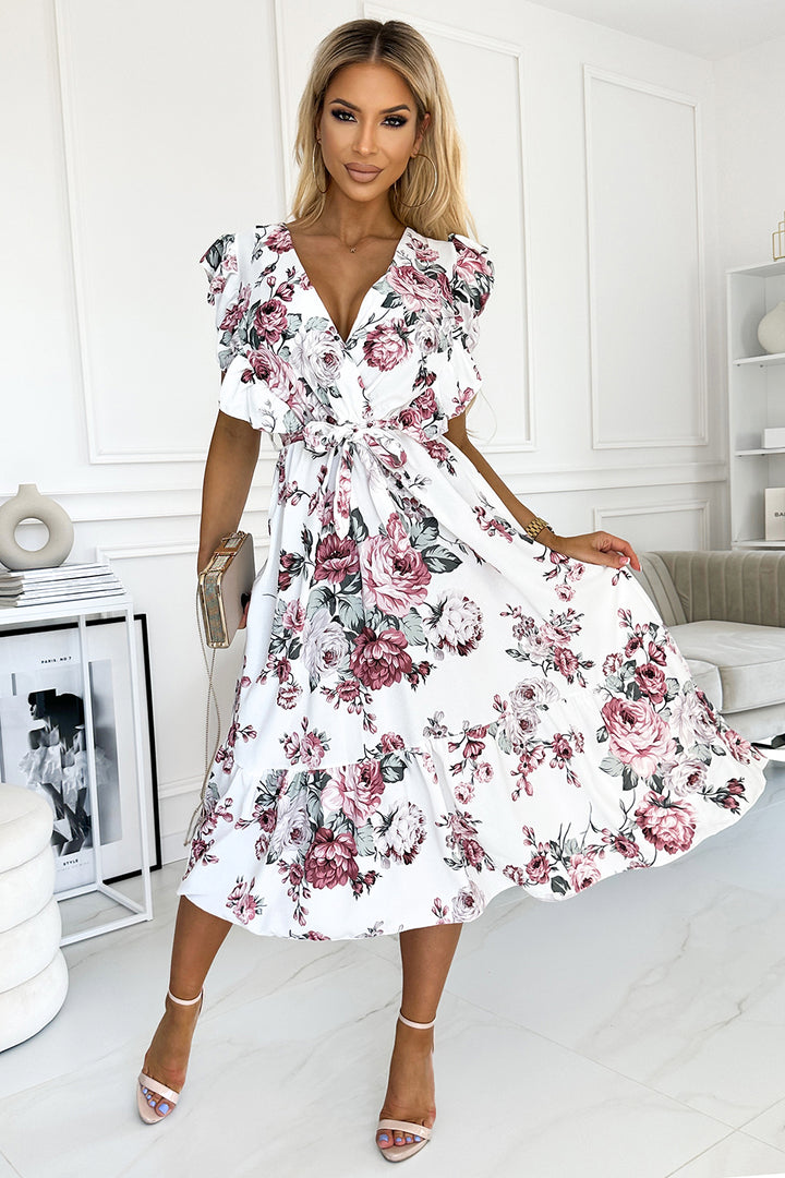 Dress with frill; neckline and binding - white with burgundy roses