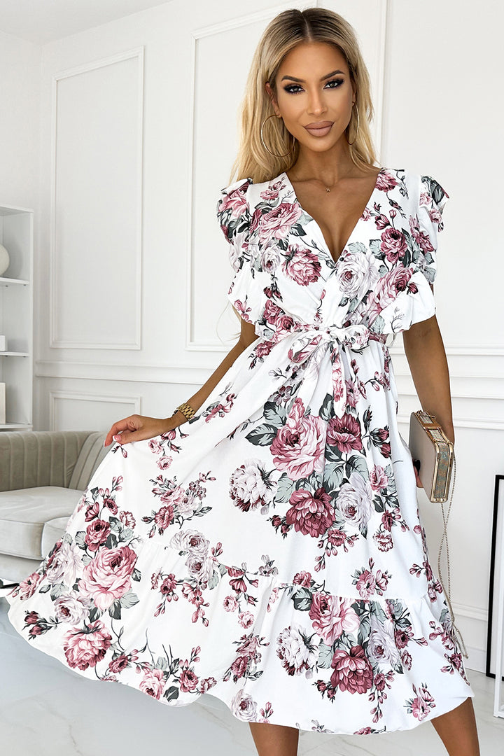 Dress with frill; neckline and binding - white with burgundy roses