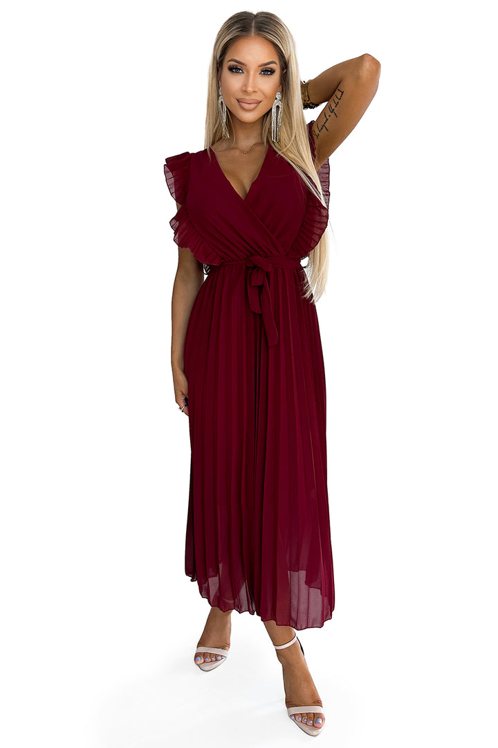 Pleated dress with frills; neckline and belt - burgundy