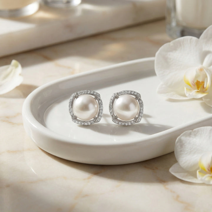 ✨ 925 Sterling Silver Luminous White Pearl Stud Earrings with Sparkling Pavé Halo ✨
