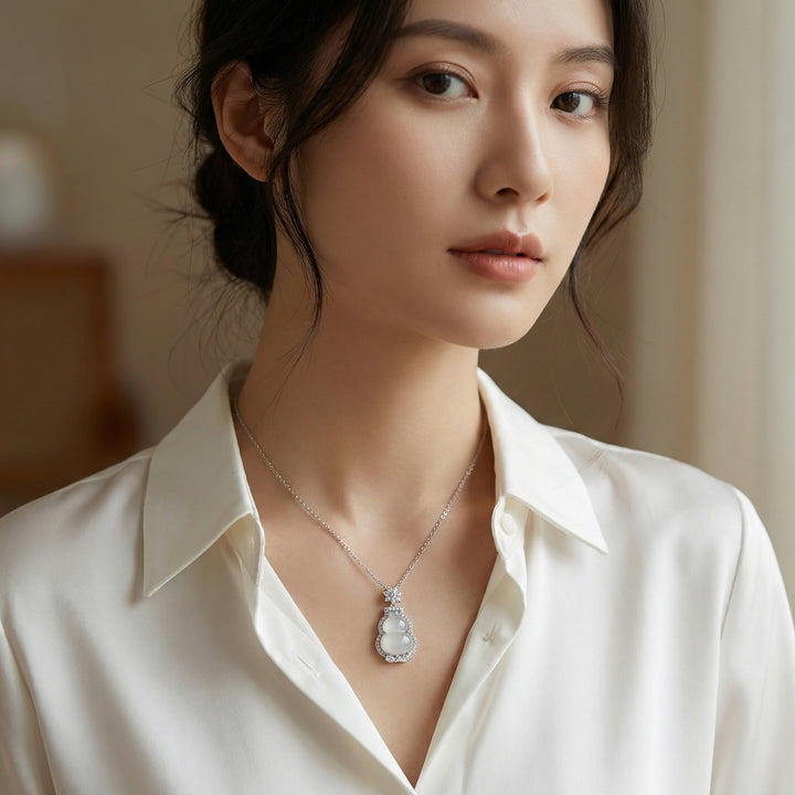 925 Sterling Silver Elegant White Jade Gourd Pendant Necklace with Sparkling Crystal Accents