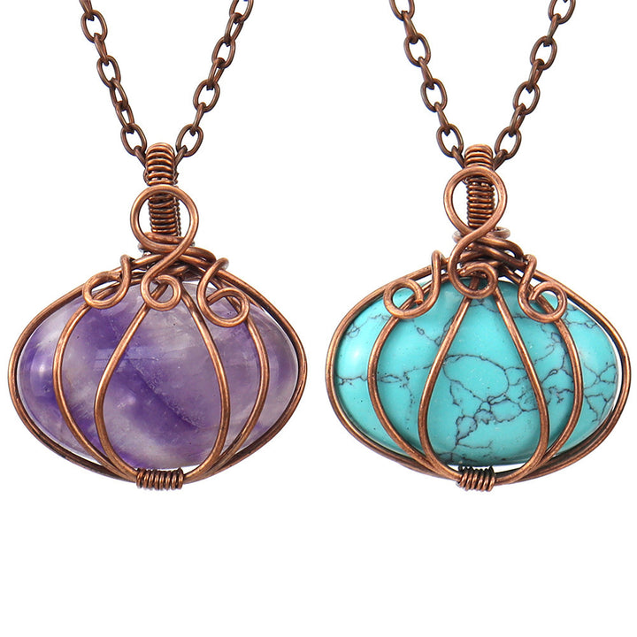 Carnelian Amethyst Halloween Pumpkin Lamp Pendant Necklace