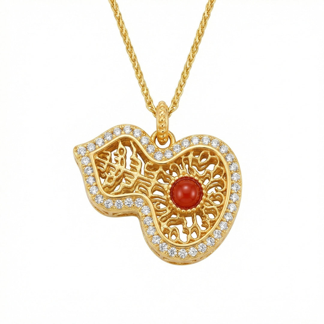 925 Sterling Silver Filigree Hulu Necklace – Red Stone Pendant with Crystal Accents
