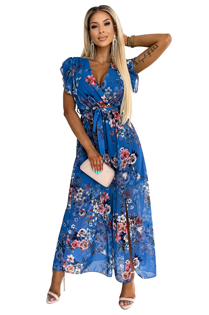 Long dress with a neckline and short sleeves - blue with flowers