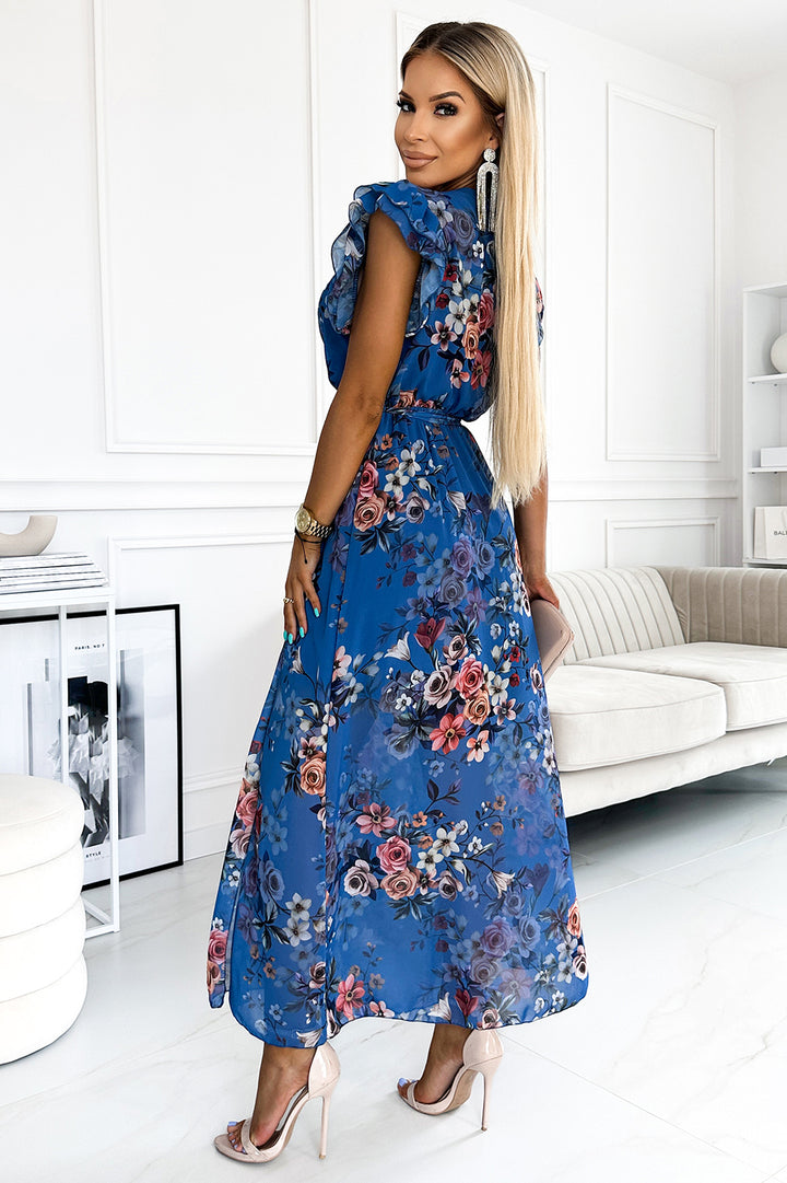 Long dress with a neckline and short sleeves - blue with flowers