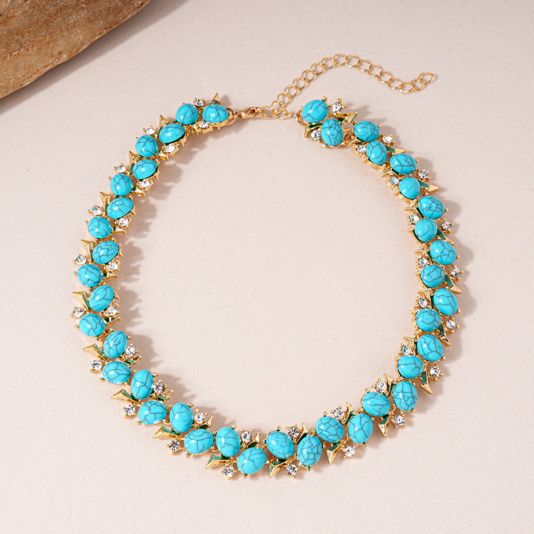 Ethnic Style Turquoise & Zircon Flower Necklace and Earrings  – Women’s Jewelry