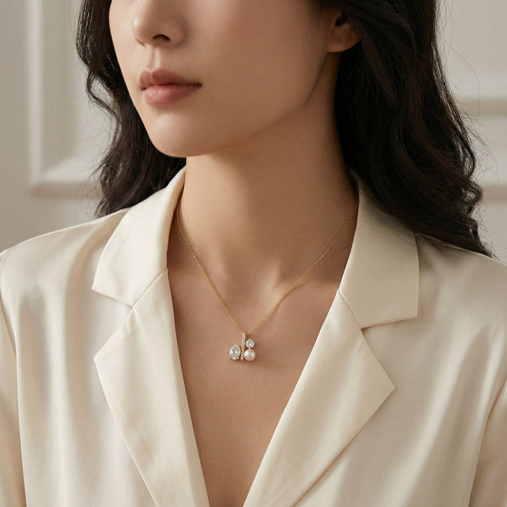 ✨ 925 Sterling Silver Elegant Asymmetrical Pendant Necklace with Pearl & Gemstones ✨