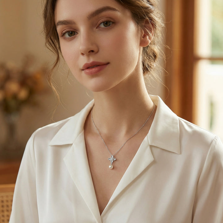 ✨ 925 Sterling Silver Four-Petal Flower Necklace with White Pearl ✨