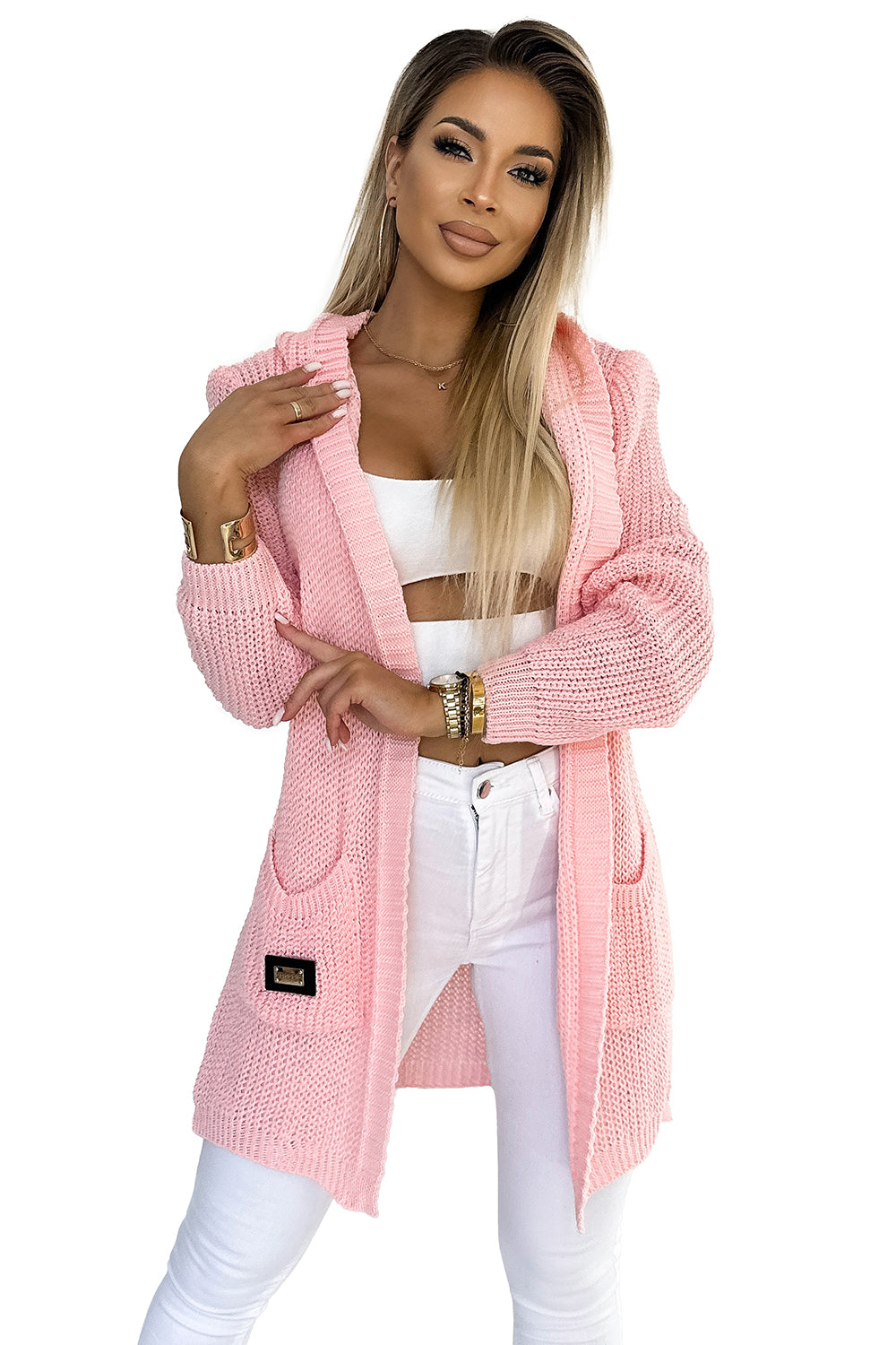 Cardigan - cape with a hood; pockets and a patch - peach color