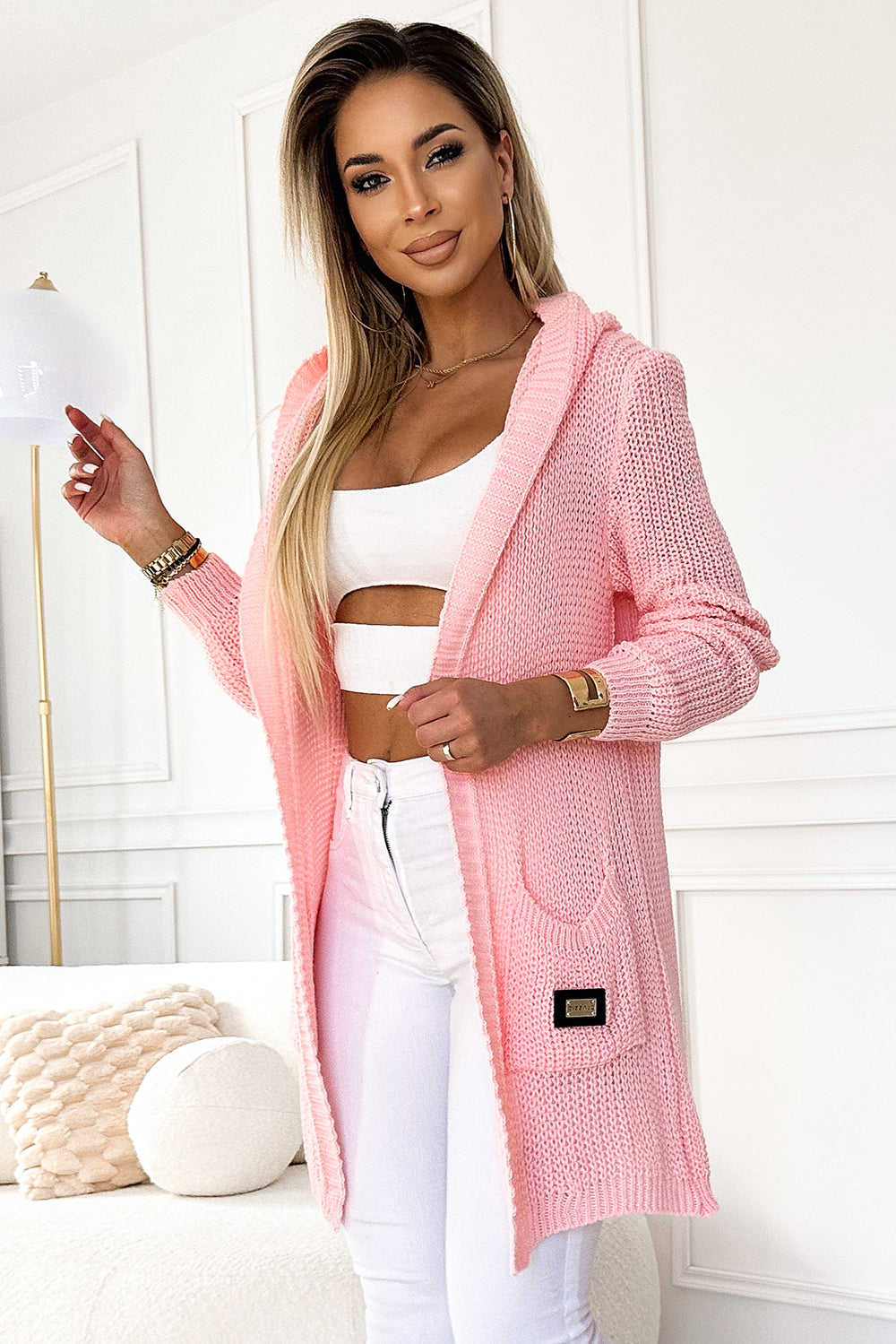 Cardigan - cape with a hood; pockets and a patch - peach color