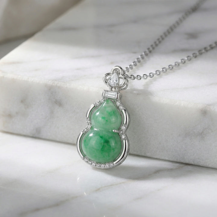 925 Sterling Silver Green Jadeite Hulu Gourd Pendant Necklace with Sparkling Diamond Accents