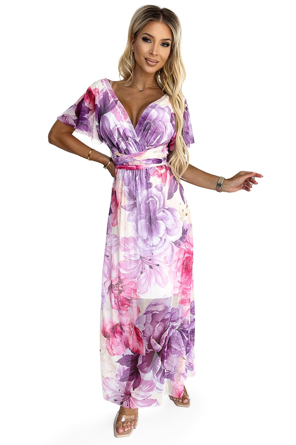 Dress with a neckline; long waist tie and short sleeves - purple-pink large flowers - mesh