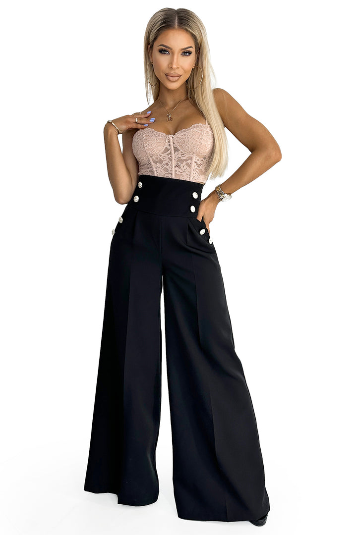 Elegant wide pants with high waist and golden buttons - black