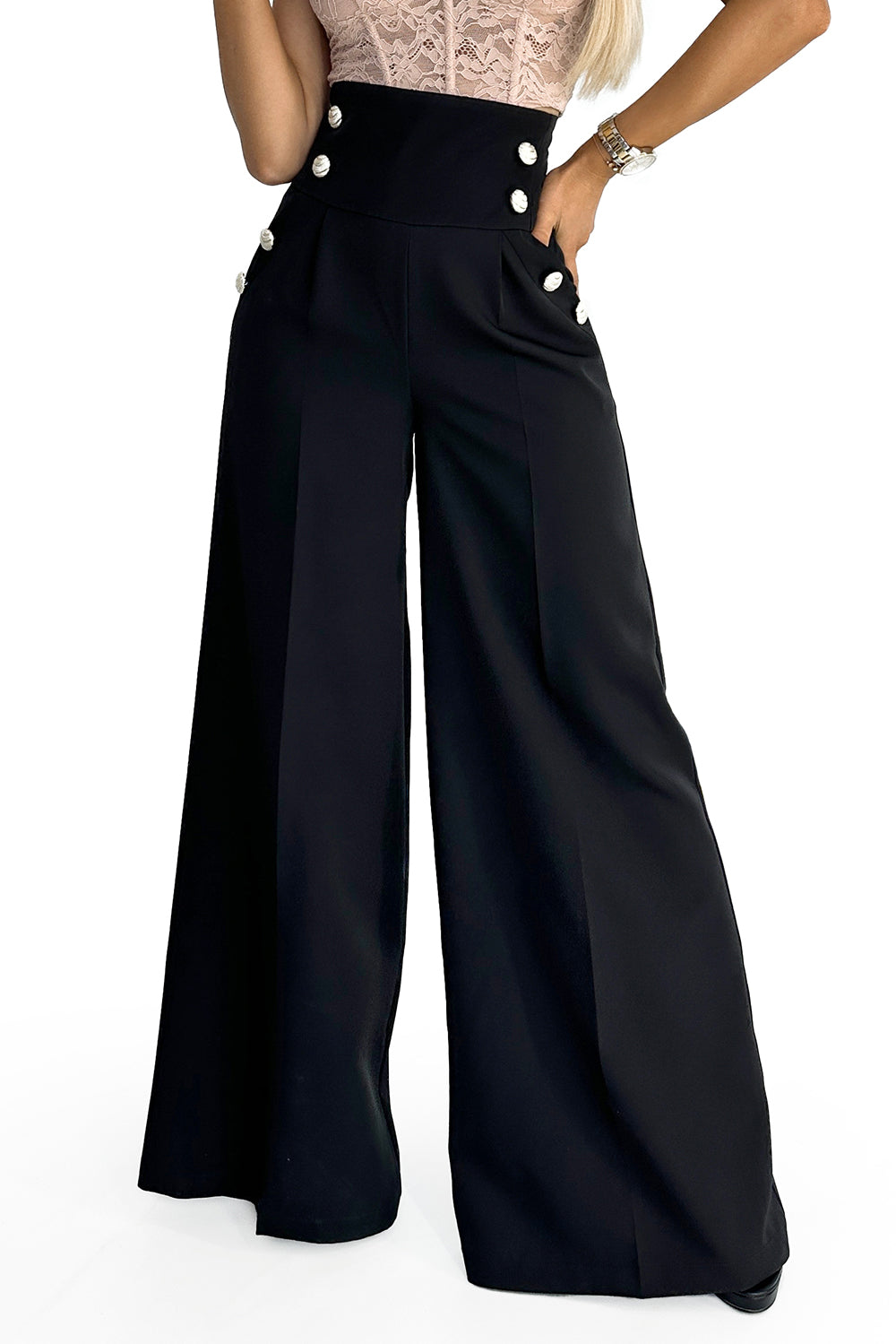 Elegant wide pants with high waist and golden buttons - black