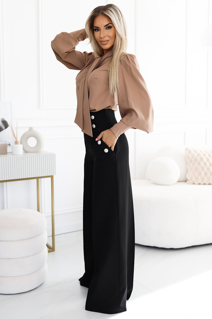 Elegant wide pants with high waist and golden buttons - black