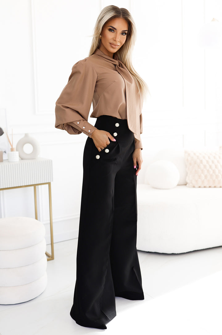 Elegant wide pants with high waist and golden buttons - black