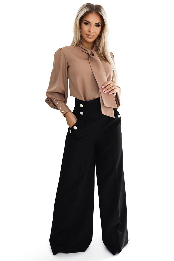 Elegant wide pants with high waist and golden buttons - black