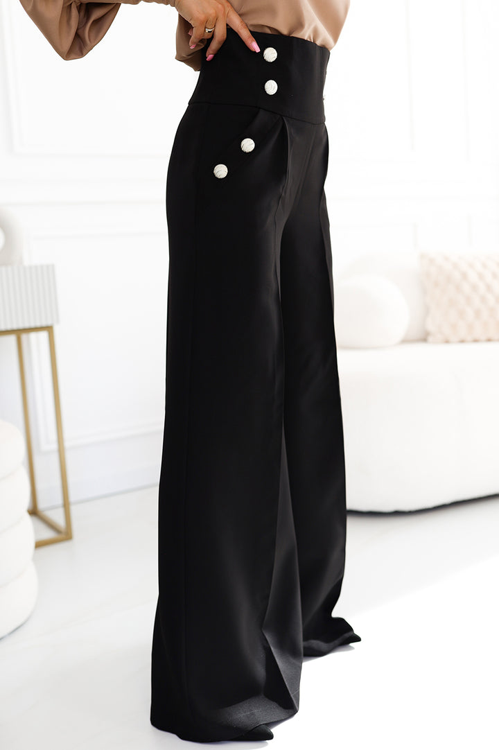 Elegant wide pants with high waist and golden buttons - black