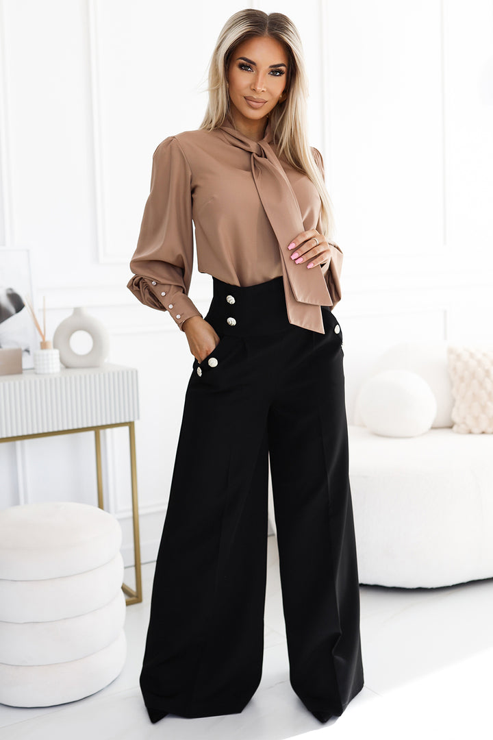 Elegant wide pants with high waist and golden buttons - black