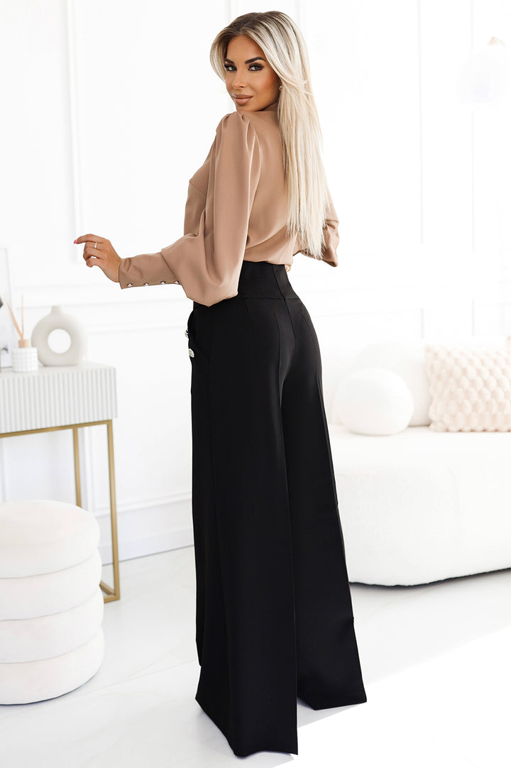 Elegant wide pants with high waist and golden buttons - black