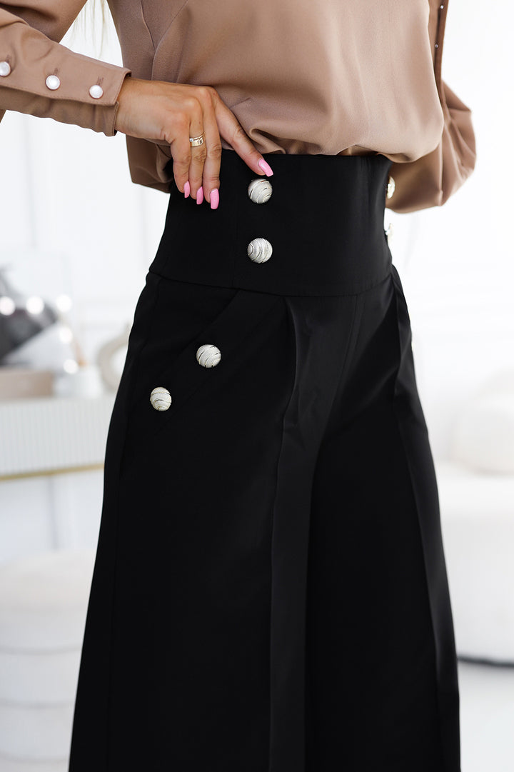 Elegant wide pants with high waist and golden buttons - black