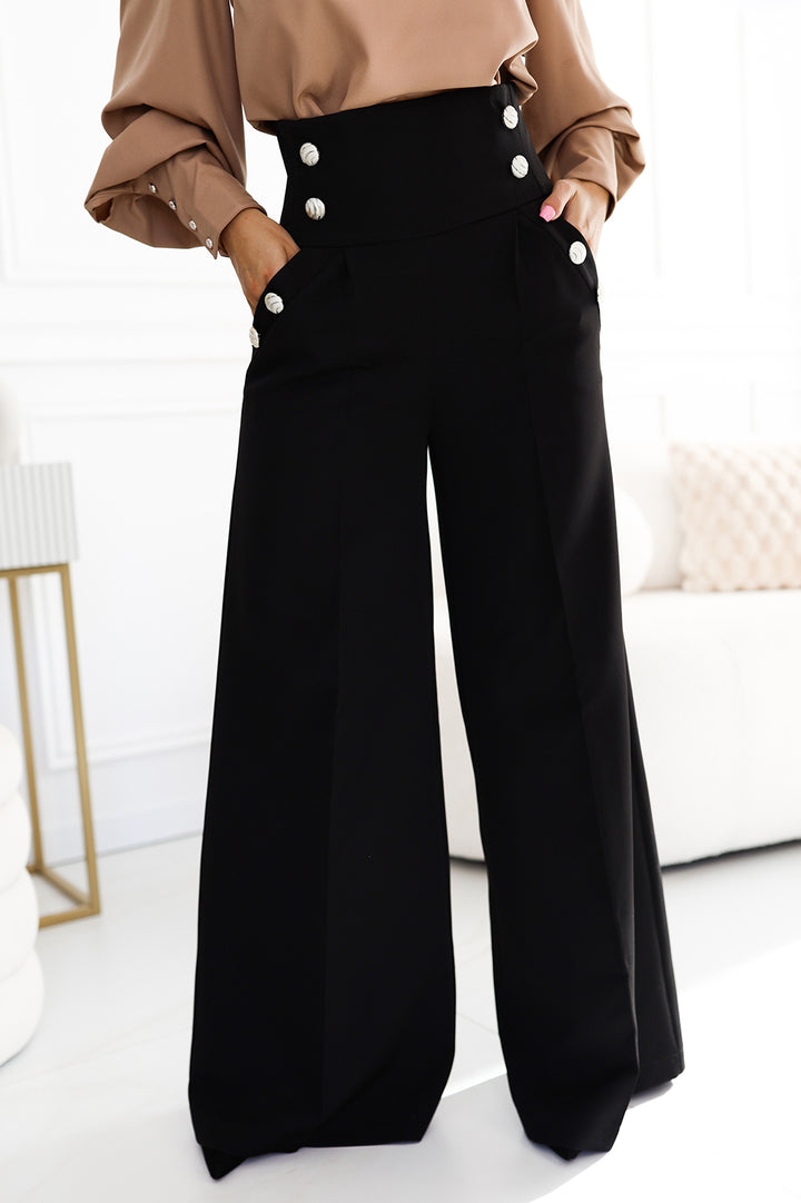 Elegant wide pants with high waist and golden buttons - black