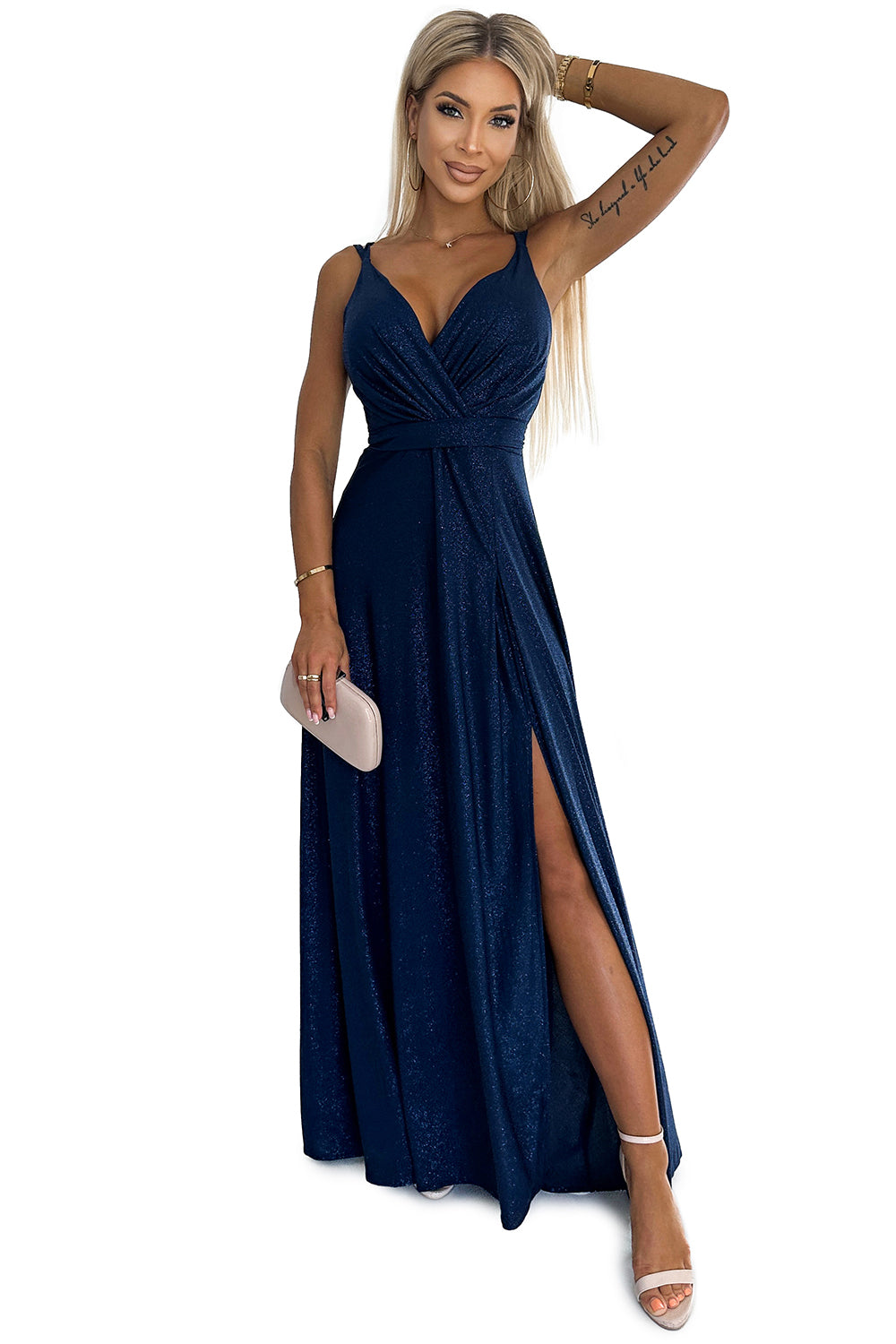 Long dress with a neckline and double straps - navy blue with glitter