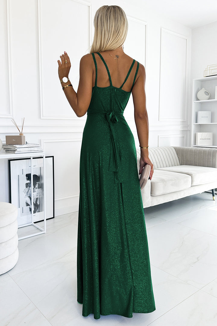 Long dress with a neckline and double straps - green with glitter