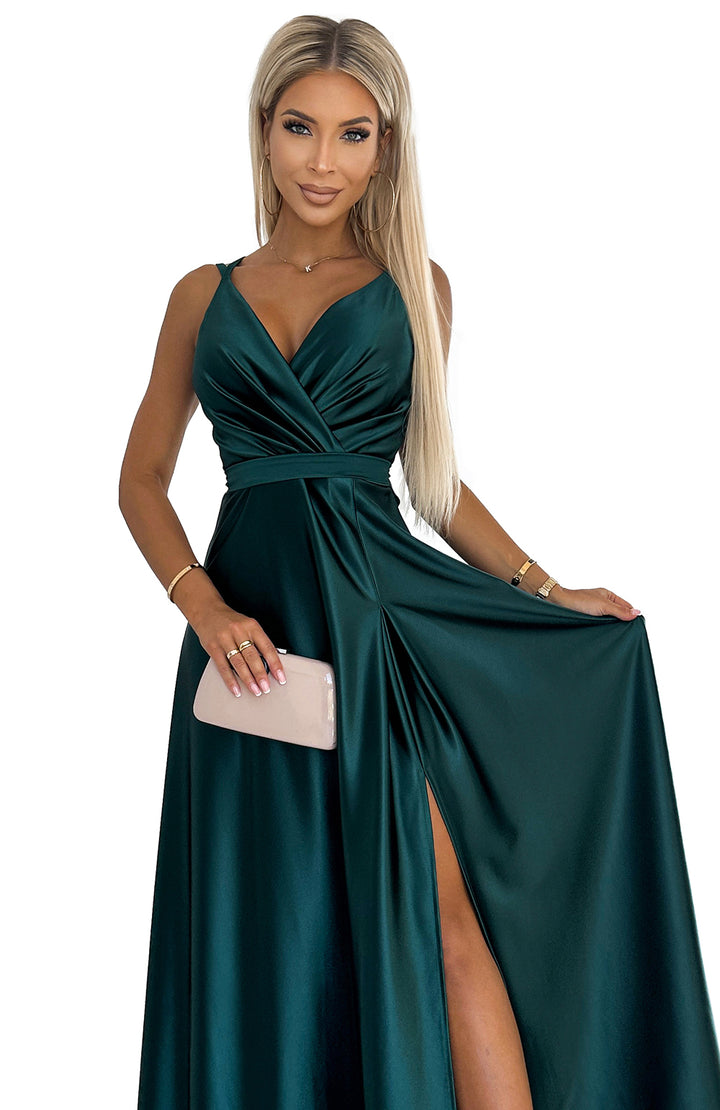 Long satin dress with a neckline and double straps - green