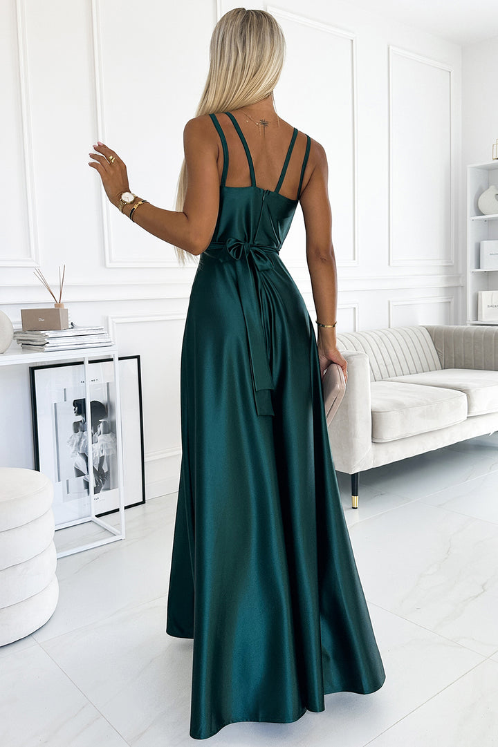 Long satin dress with a neckline and double straps - green