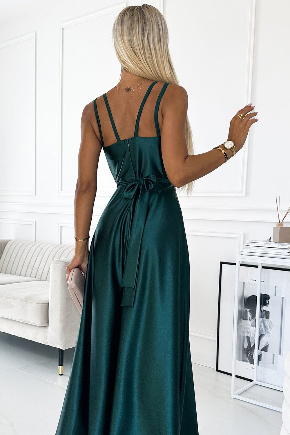 Long satin dress with a neckline and double straps - green