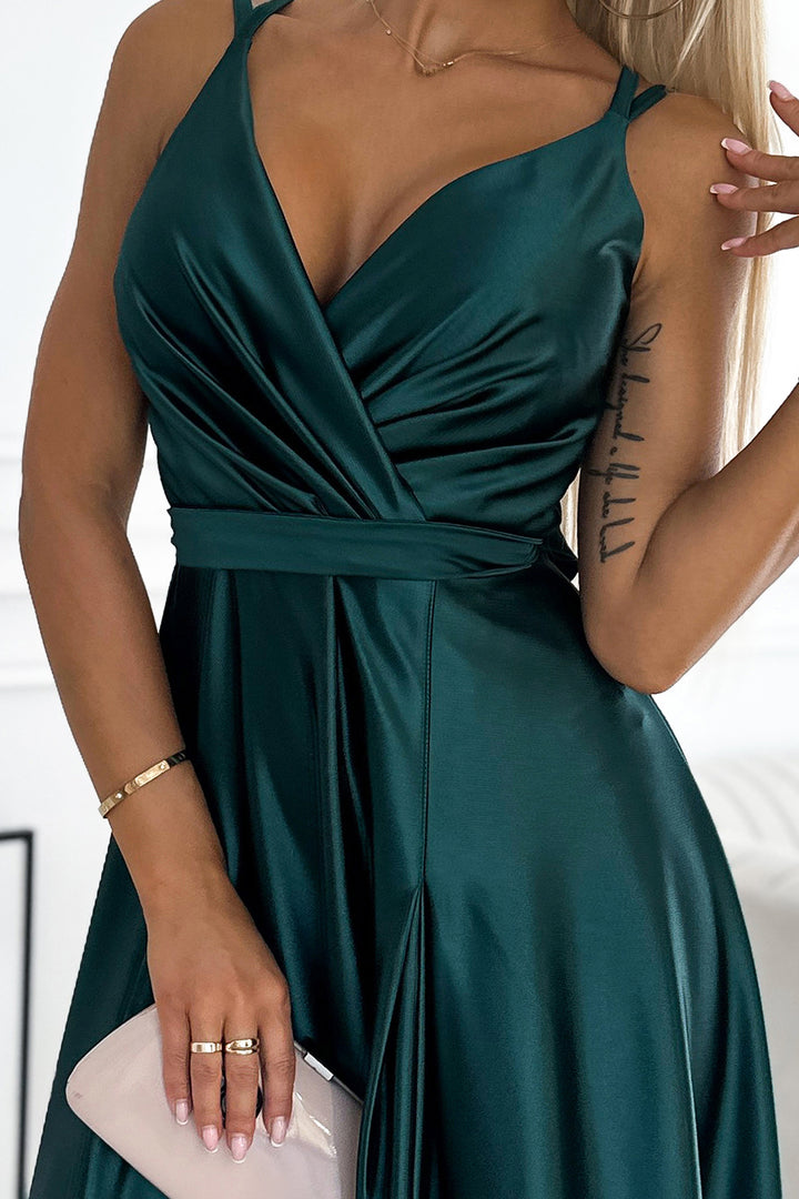 Long satin dress with a neckline and double straps - green