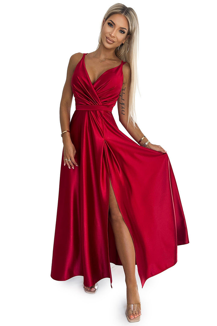 Long satin dress with a neckline and double straps - red