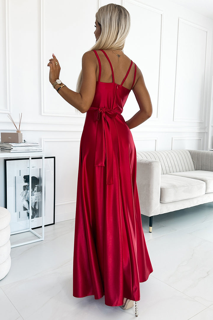 Long satin dress with a neckline and double straps - red