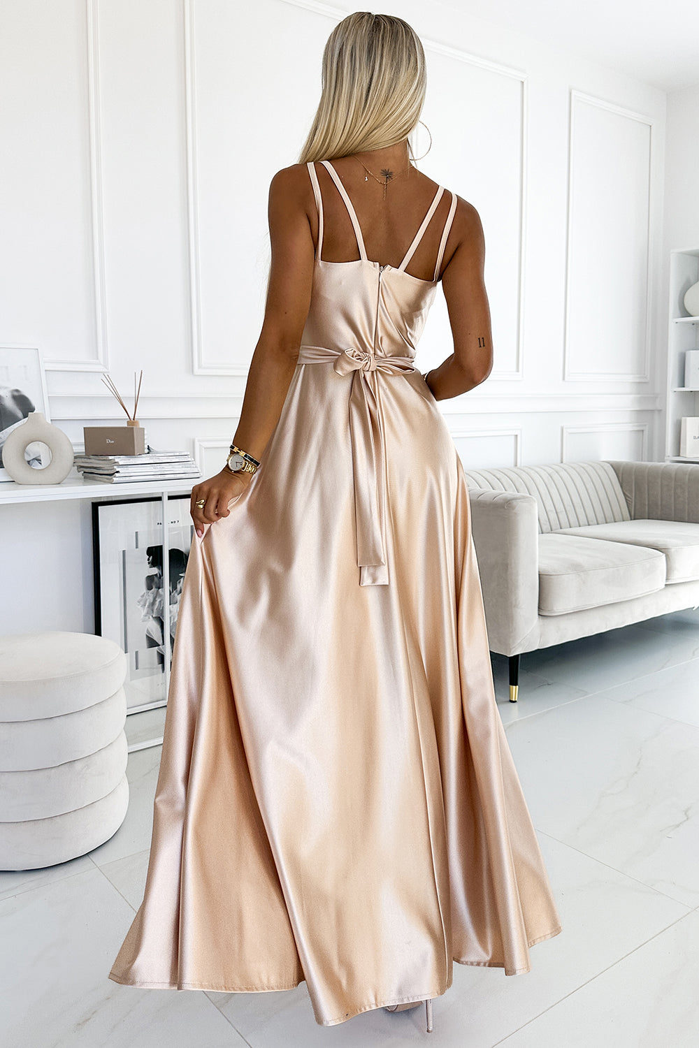 Long satin dress with a neckline and double straps - golden