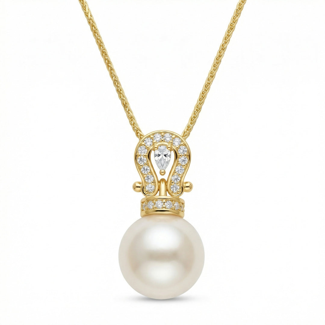 ✨ 925 Sterling Silver Cultured Pearl & Diamond Horseshoe Pendant Necklace ✨
