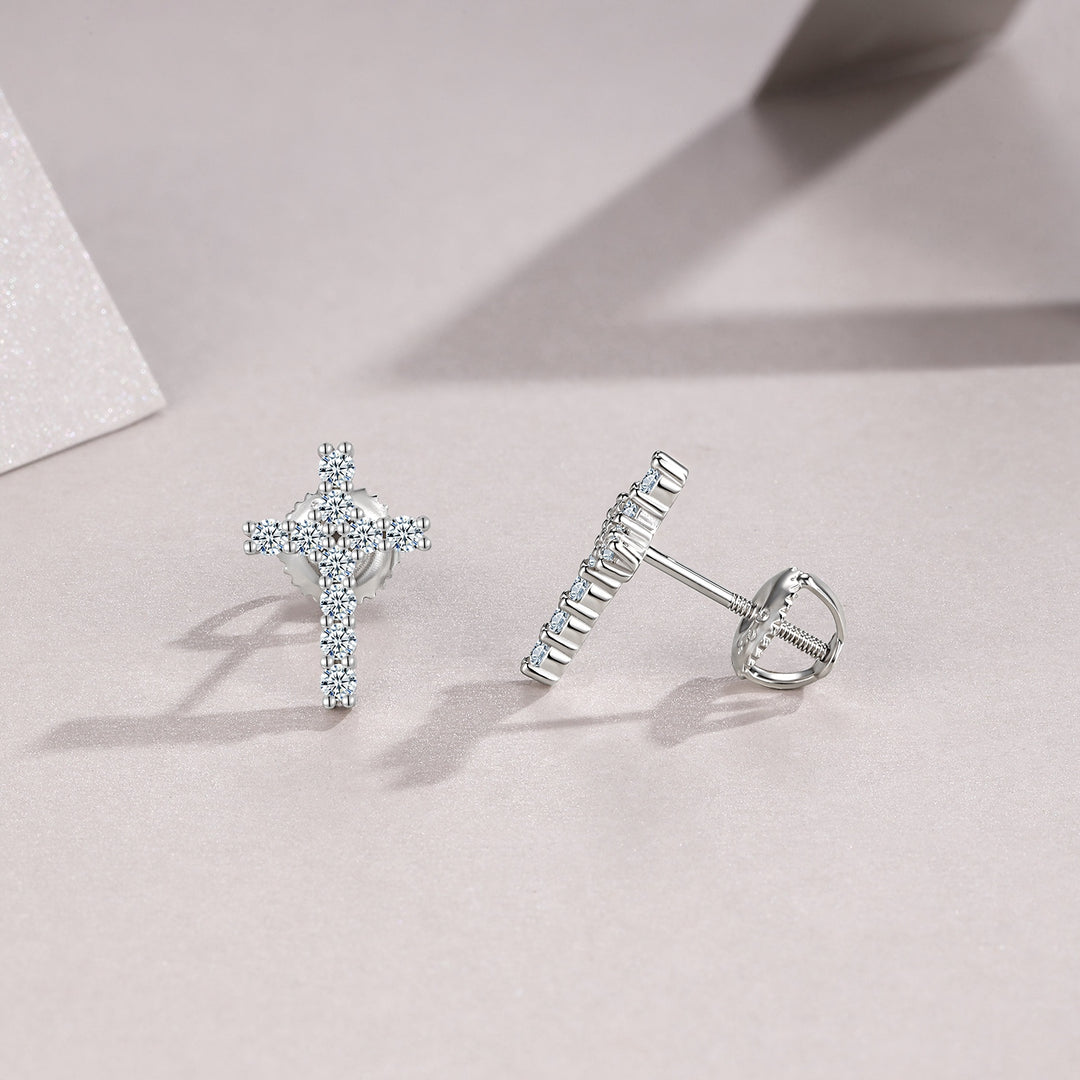 Cross Luxury Minimalist Moissanite Earring Set – Platinum-Plated S925 Silver, GRA Certified