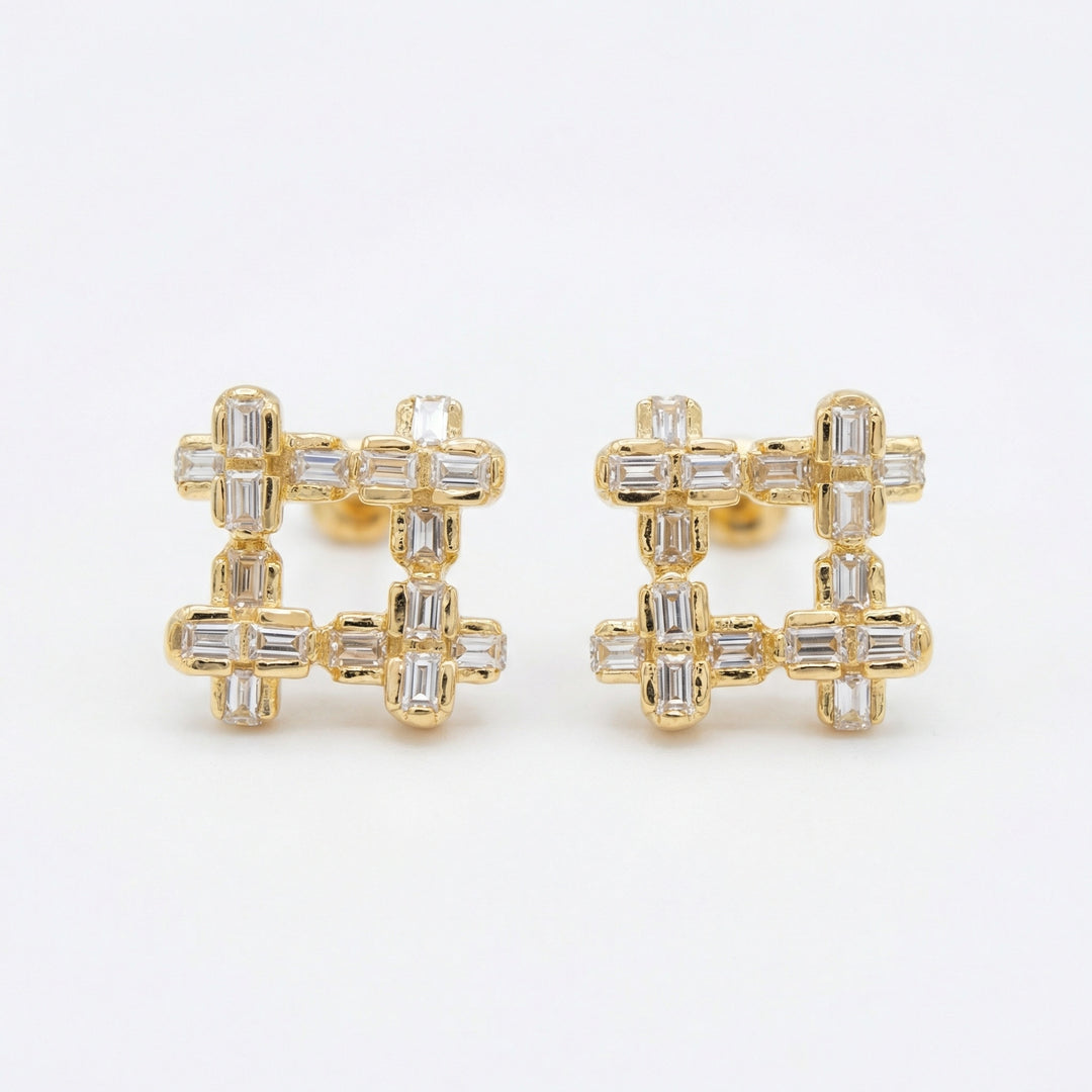✨ 925 Sterling Silver Sparkling Geometric Baguette Crystal Hashtag Stud Earrings ✨