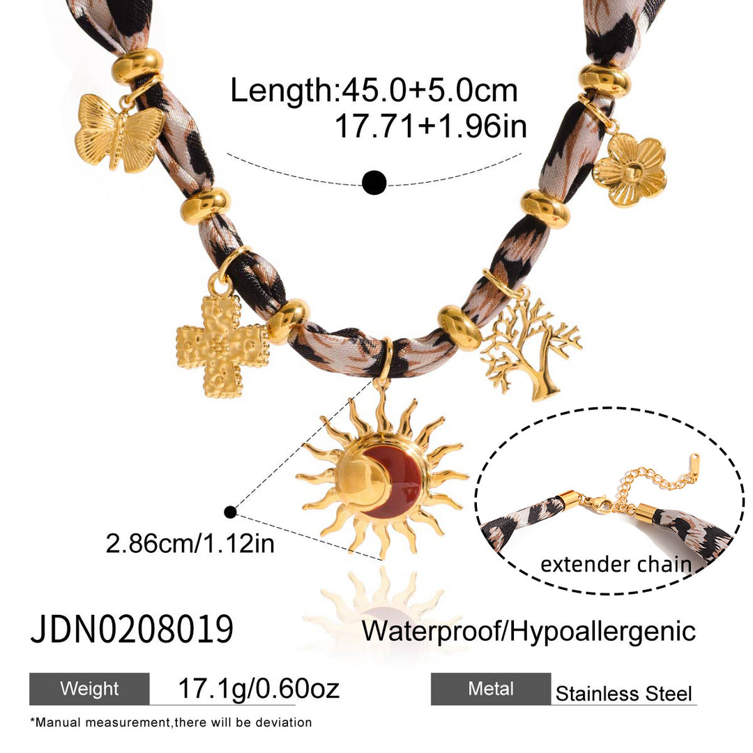 Women’s Stainless Steel Lace-Up Silk Scarf Necklace – Geometric Leopard Print Pendant