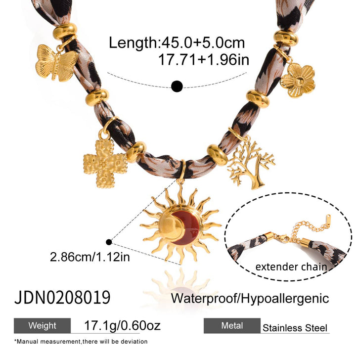Women’s Stainless Steel Lace-Up Silk Scarf Necklace – Geometric Leopard Print Pendant