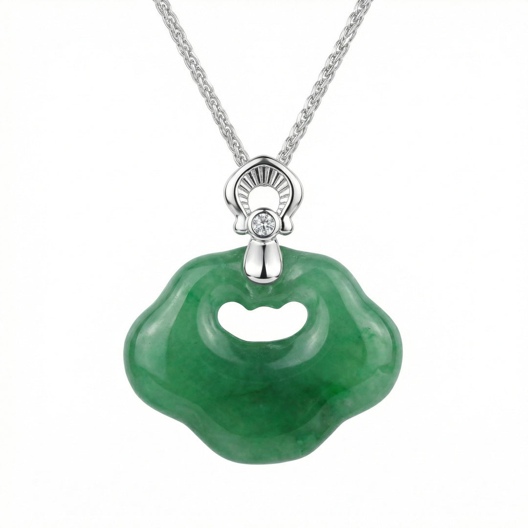 925 Sterling Silver Green Jade Longevity Lock Pendant Necklace – Diamond Accent Elegance