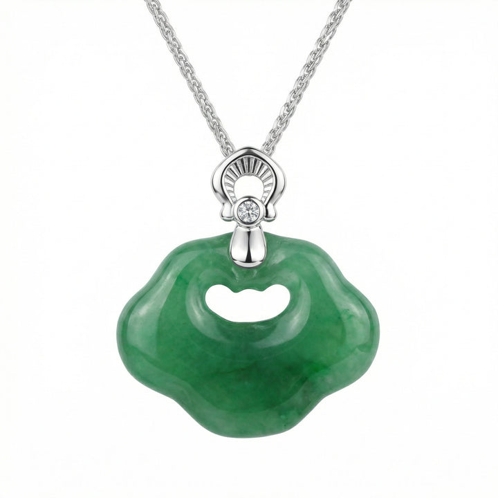 925 Sterling Silver Green Jade Longevity Lock Pendant Necklace – Diamond Accent Elegance