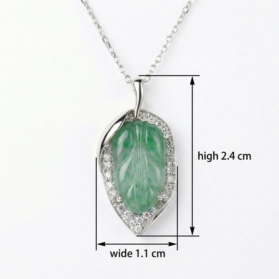925 Sterling Silver Elegant Leaf-Shaped Green Jade Pendant Necklace with Sparkling Diamond Accents