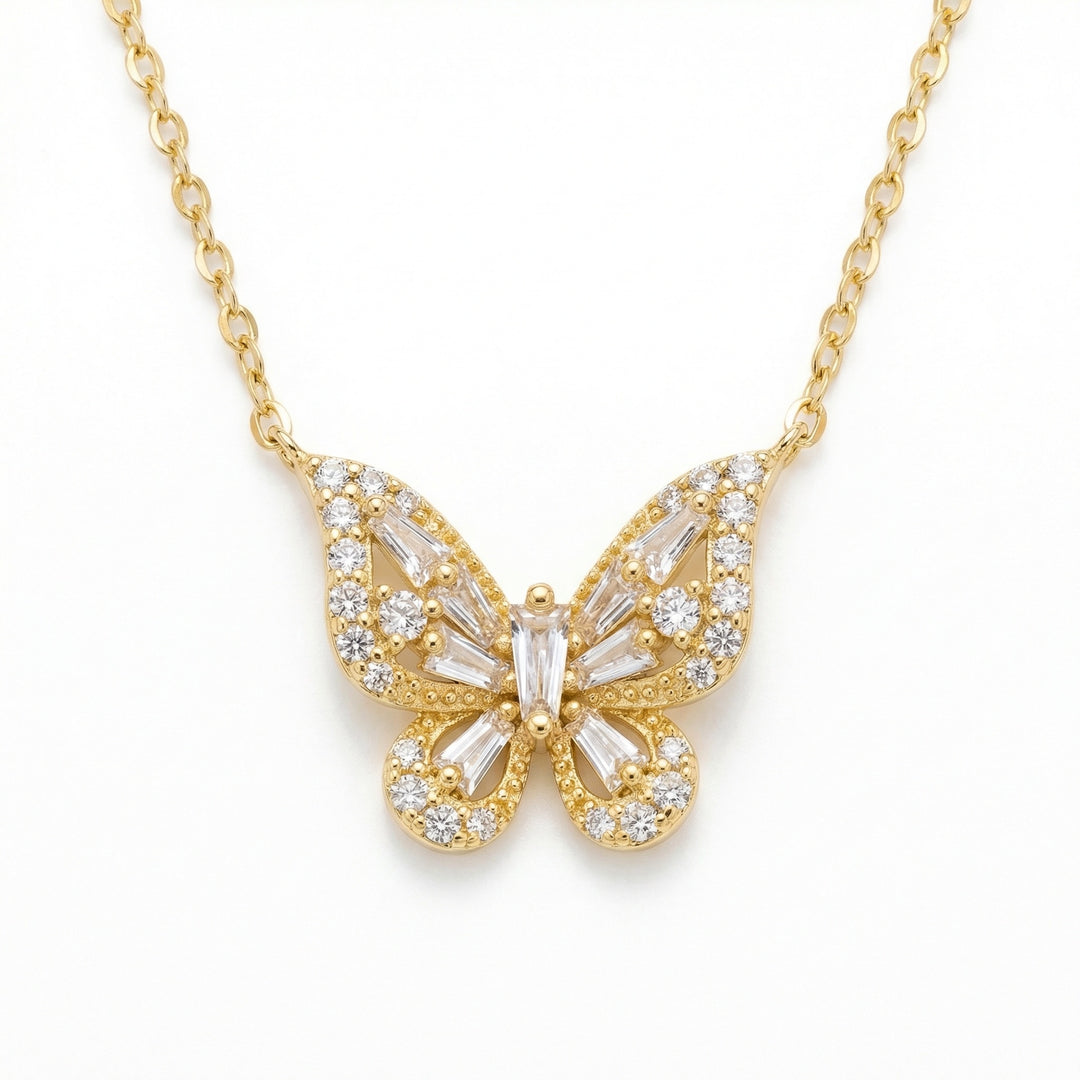 925 Sterling Silver Butterfly Pendant Necklace with Baguette & Round-Cut Sparkling Gemstones