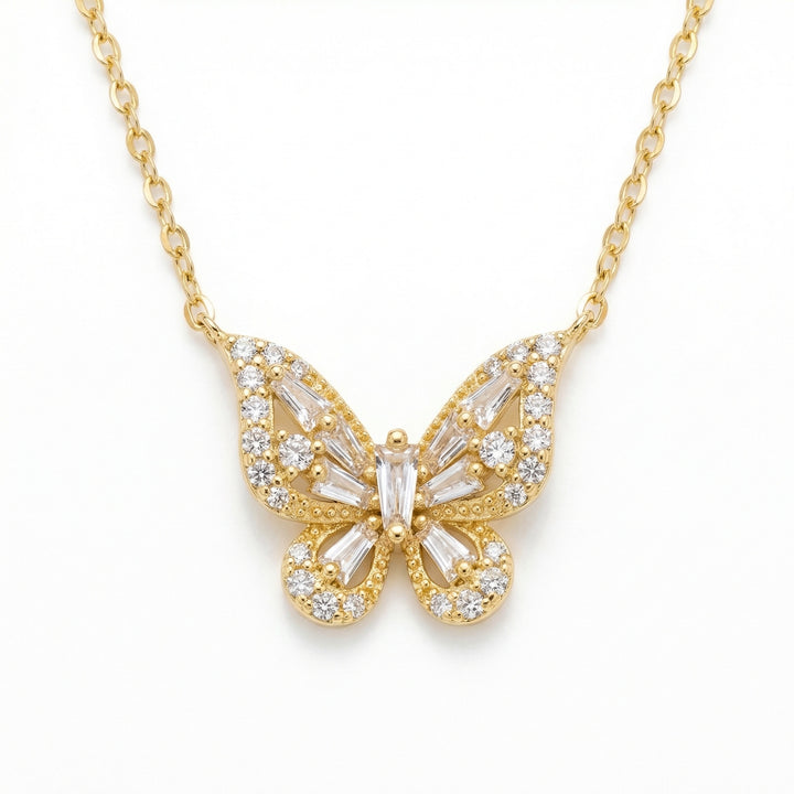 925 Sterling Silver Butterfly Pendant Necklace with Baguette & Round-Cut Sparkling Gemstones