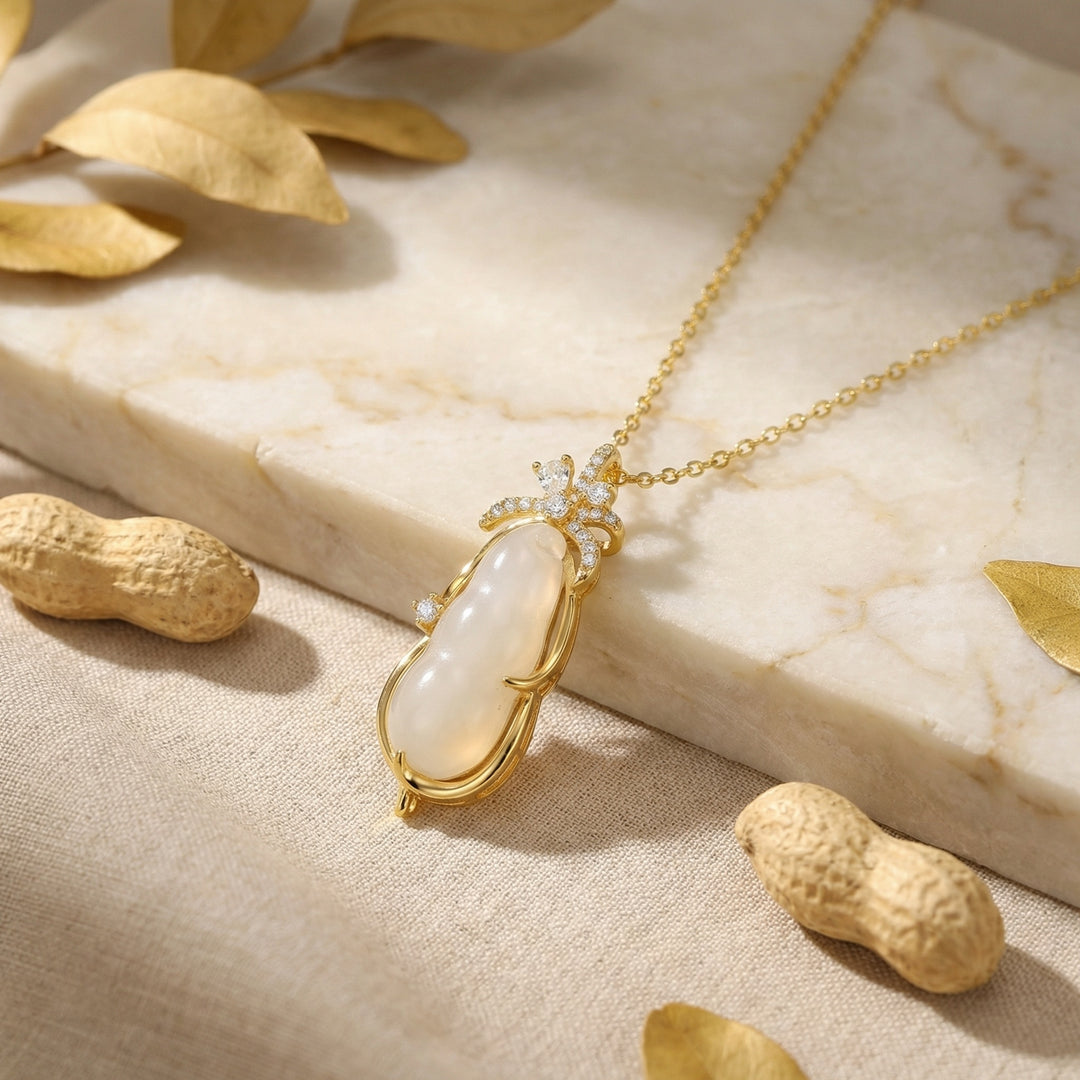 ✨ 925 Sterling Silver Elegant White Chalcedony Pea Pod Pendant Necklace with Sparkling Accents ✨