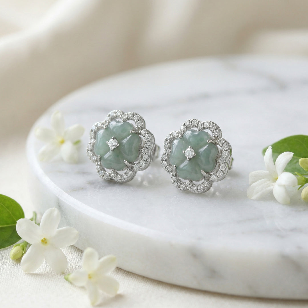 925 Sterling Silver Elegant Light Green Jadeite Floral Stud Earrings with Diamond Halo
