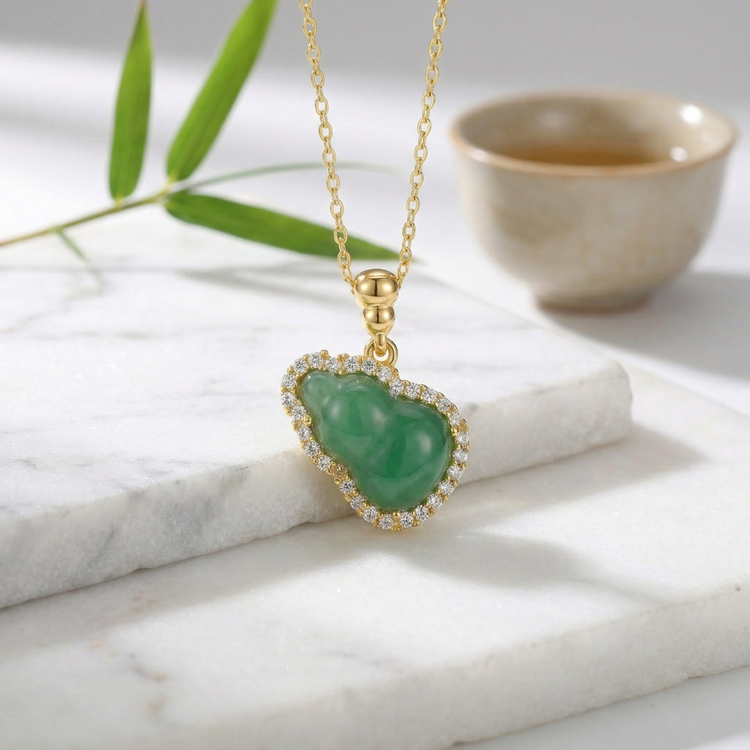 ✨ Green Jade Hulu Necklace with Sparkling Halo