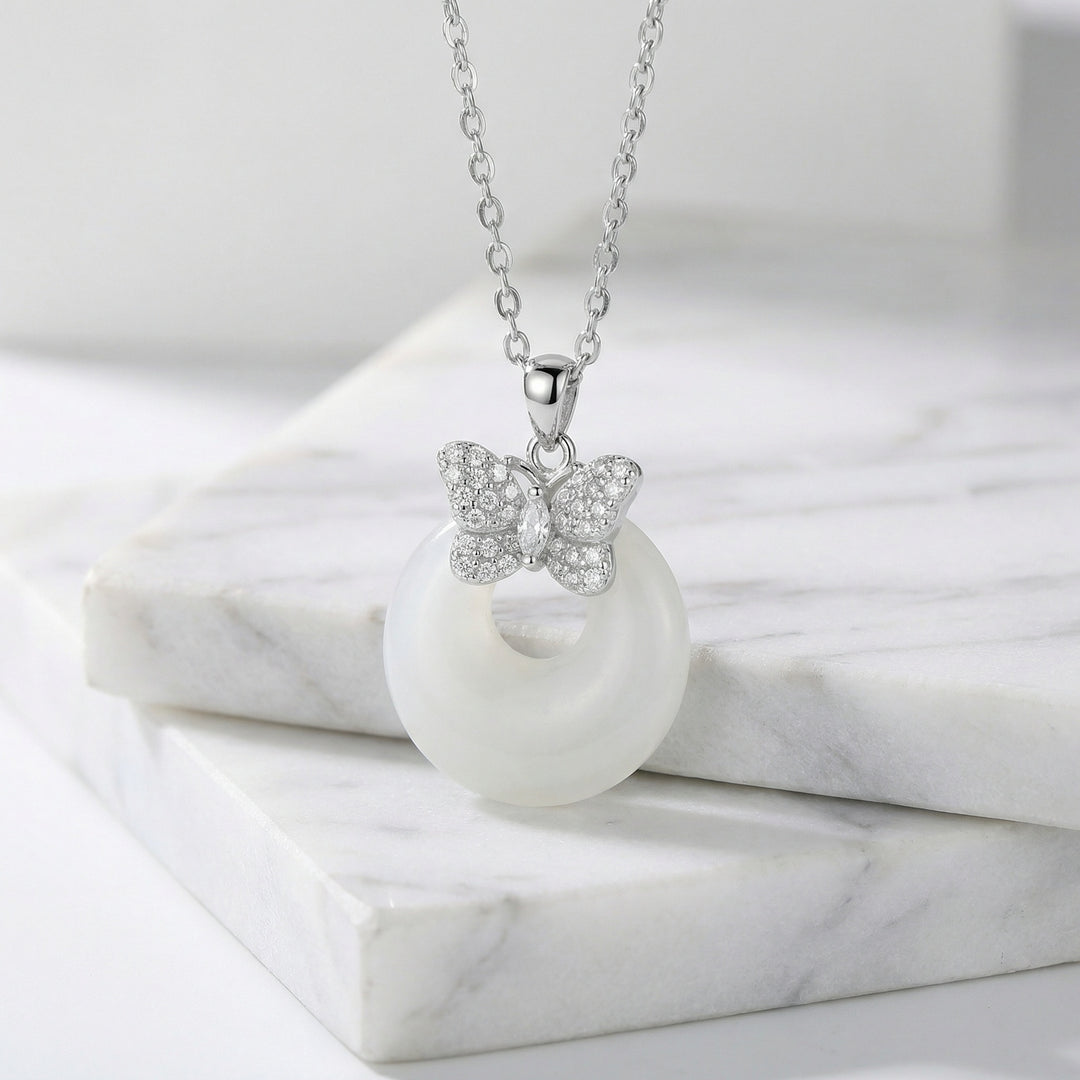 925 Sterling Silver Elegant Butterfly & White Jade Donut Pendant Necklace
